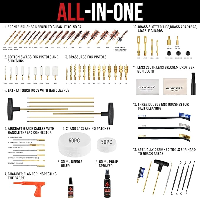 GLORYFIRE Gun Cleaning Kit Handgun Shotgun Pistol Cleaning Kit for All Guns with High-end Brass Brushes, Mops, Jags, Reinforced, Lengthened Rods and Gun Cleaning Snake&Ropes