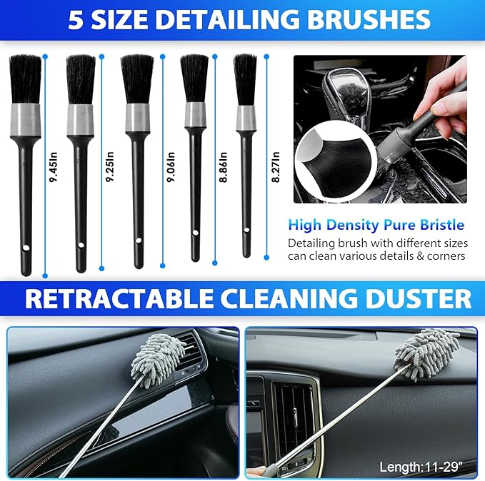 THINKWORK Car Cleaning Kit, Car Detailing Kit Interior Cleaner with High Power Handheld Vacuum, 10Pcs Detailing Brush and Storage Bag, Gray Auto Interior Cleaning Kit for Men