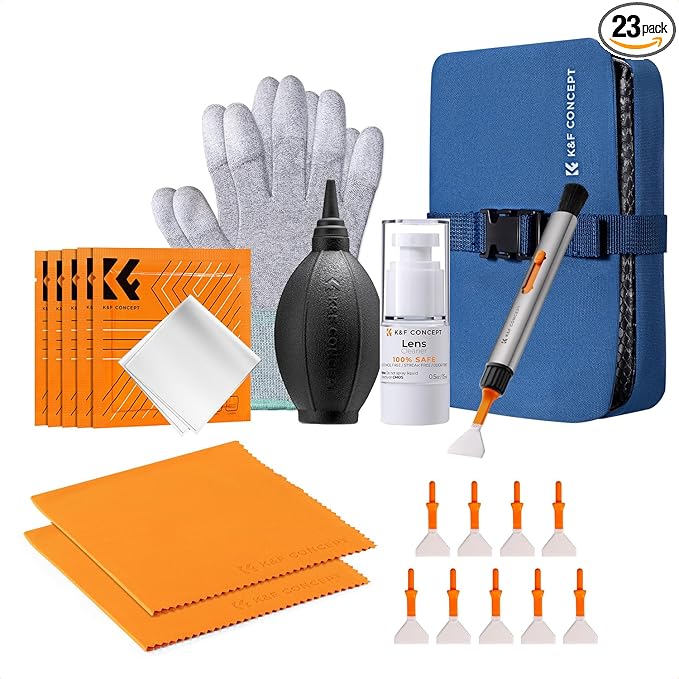 K&F CONCEPT 23 in 1 Camera Lens Cleaning Kit for DSLR Filter with Replaceable Cleaning Pen+Air Blower+Cleaning Liquid+Cleaning Cloth*2+Full-Frame Swab*10+Vacuum Cleaning Cloth*6+Anti-Static Gloves