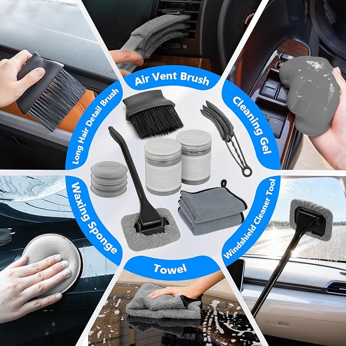 ThinkLearn Car Wash Detailing Kit with Foam Gun, Car Cleaning Kit Set,Car Wash Brush with Long Handle, Large Folding Bucket for Interior Exterior Car Wash Supplies, Car Gift Set Gray