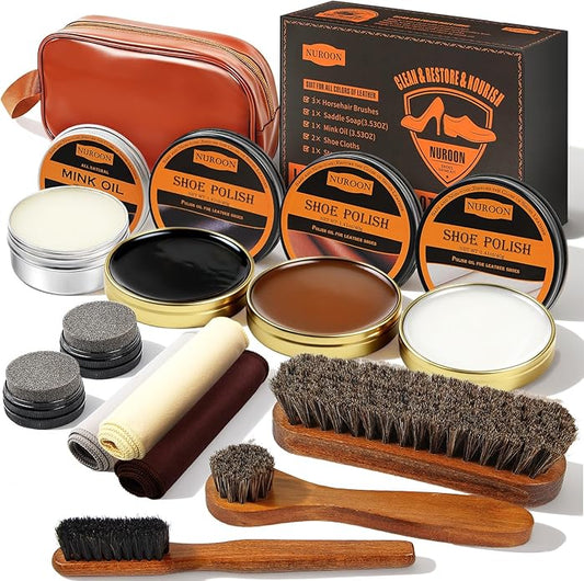 13Pcs Shoe Care Kit for Men & Women,3 Horsehair Shoe Polish Brush,Black Brown Neutral Mink Oil for Shoes,Care for Leather Boots, Shoe Cleaning Kit as Gift for Men with Shine Sponges & Care Cloth