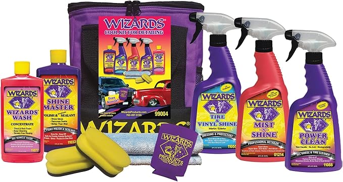 Wizards Car Detailing Kit - Premium and Comprehensive Car Cleaning Kit - 7 Piece Car Detail Kit with Mist n Shine, Tire and Vinyl Shine, Wash, Shine Master - Great Car Cleaning Gift Set