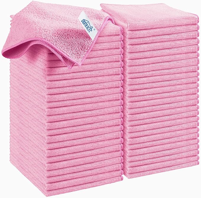 HOMEXCEL Pink Microfiber Cleaning Cloth, 50 Pack Cleaning Towels for Kitchen, Lint Free, Scratch-Free, Highly Absorbent, and Reusable Cleaning Rags for House, Window and Glass, Cars, 11.5 X11.5 inch