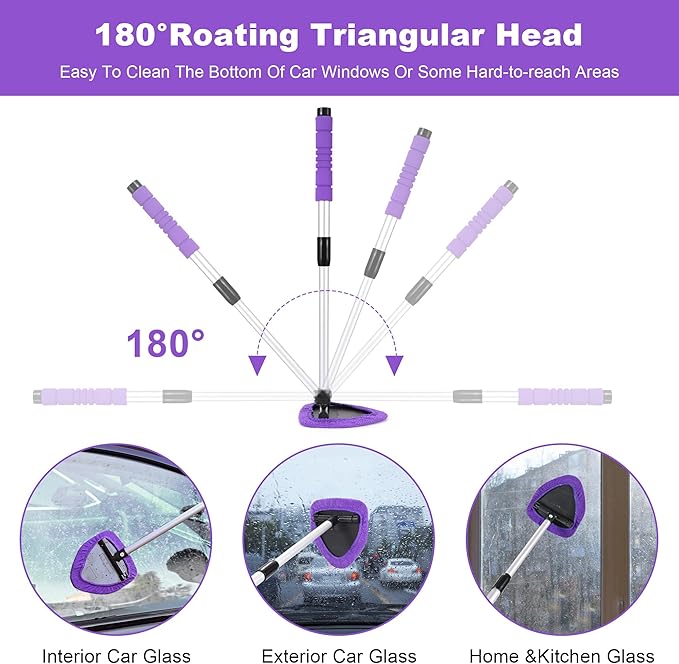 XINDELL Windshield Cleaner Tool – 24-inch Pink Car Interior&Exterior Window Cleaning Kit with Extendable Handle & 4 Microfiber Pads, Auto Wiper Brush for Car, Trucks, SUVs, RVs & Home -Gift for Women