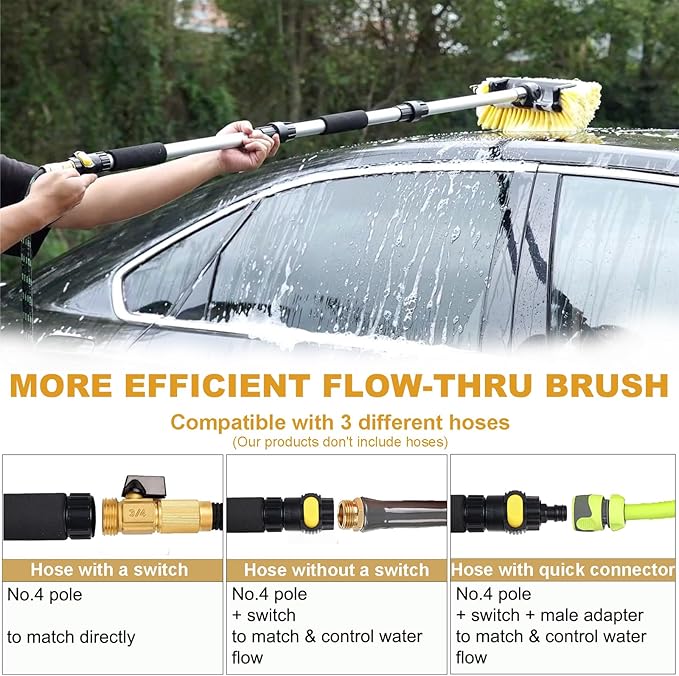 70" RV Wash Brush with Long Handle and 12" Soft Bristle Brush Head, Water Flow-Thru Truck Washing Brush with Hose Attachment for Cleaning Car, SUV, Boat, Camper, House Siding and Solar Panels