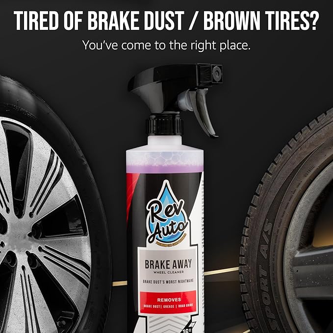 Rev Auto Complete Wheel and Tire Cleaner Kit - Removes Brake Dust & Adds Shine to Tires | Safe for OEM & Aftermarket | Includes Rim Cleaner, Detail Brush, Tire Shine, Applicator Pad, Towel (5-Piece)