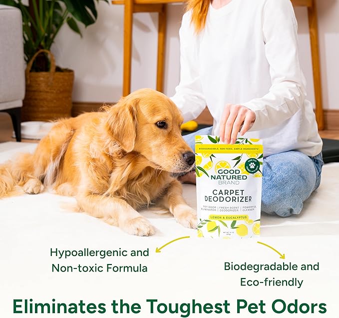 Good Natured Brand | Carpet Deodorizer & Freshener Powder | 31 oz Pet Odor Eliminator for Strong Odor & Pet Urine | Fresh Natural Lemon & Eucalyptus Scent | Safe for Homes with Pets