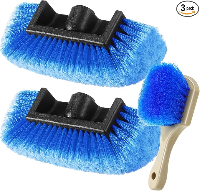 Vesici 2 Pcs 10 Inch Car Wash Brush Head with Soft Detailing Bristle Flow Through Car Cleaning Brush with 1 Pcs Stiff Bristle Wheel Brushes for Motorboat Rv Facades of Houses Wheel Carpet (Blue)
