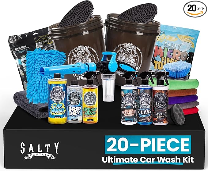 Salty Captain Mega 20-Piece DIY Car Cleaning Kit – All-in-One Car Detailing Kit with 2X Buckets, Towels, Brushes & 6X Cleaning Fluids – Captain’s Musket Foam Gun for Garden Hose – Premium Quality