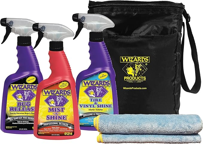 Wizards 5 Piece Car Detailing Kit - Beginner Friendly Professional Car Detailing Kit - Car Accessories for Men - Comes with a Microfiber Towel, Storage Bag and 22 oz Spray Bottles