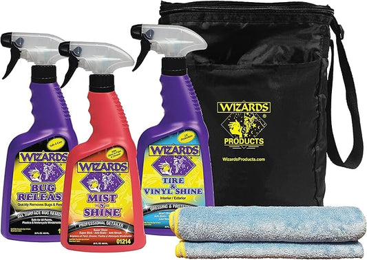 Wizards 5 Piece Car Detailing Kit - Beginner Friendly Professional Car Detailing Kit - Car Accessories for Men - Comes with a Microfiber Towel, Storage Bag and 22 oz Spray Bottles