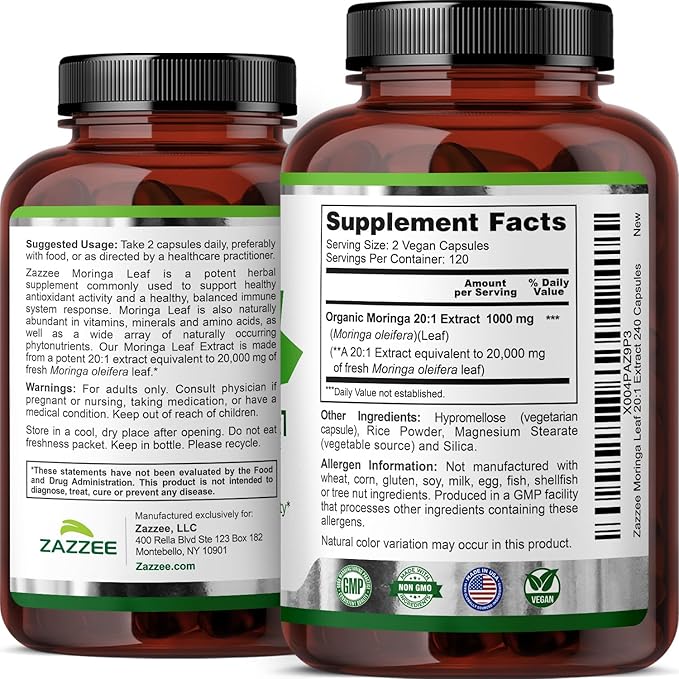 Zazzee Organic Moringa 20:1 Extract, 240 Vegan Capsules, 20,000 mg Strength, 100% Pure Oleifera Leaf Superfood, Concentrated and Standardized 20X Extract, All-Natural, Non-GMO, Made in The USA