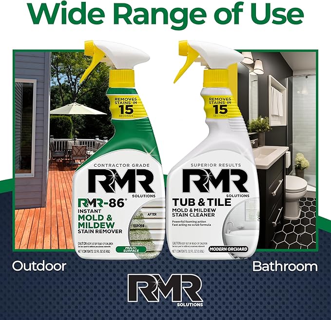 RMR Mold Stain Eraser Max Pack – No-Scrub Tub & Tile Cleaner + Instant Mold & Mildew Stain Remover Spray, Indoor/Outdoor Bathroom, Shower, Siding, & Deck Cleaning Kit, 2–32 Oz Bottles