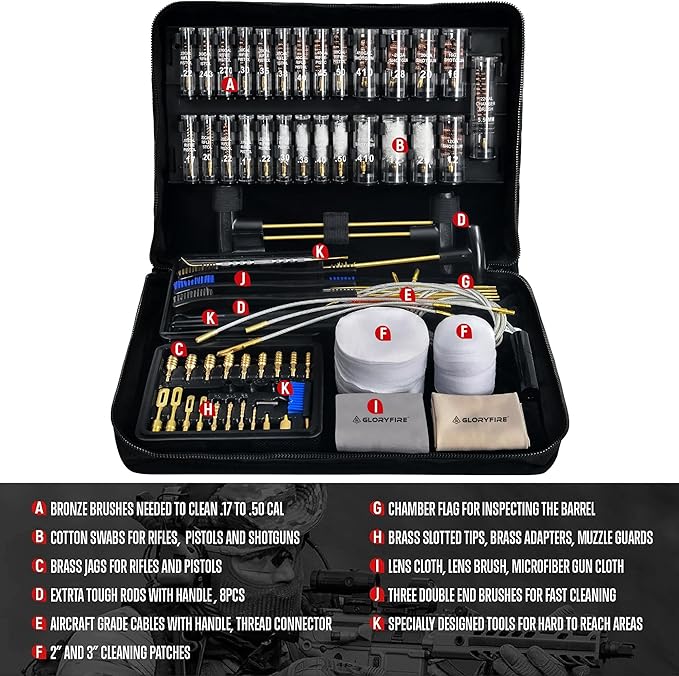 GLORYFIRE Gun Cleaning Kit Handgun Shotgun Pistol Cleaning Kit for All Guns with High-end Brass Brushes, Mops, Jags, Reinforced, Lengthened Rods and Gun Cleaning Snake&Ropes