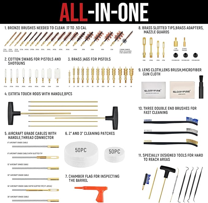 GLORYFIRE Gun Cleaning Kit Handgun Shotgun Pistol Cleaning Kit for All Guns with High-end Brass Brushes, Mops, Jags, Reinforced, Lengthened Rods and Gun Cleaning Snake&Ropes