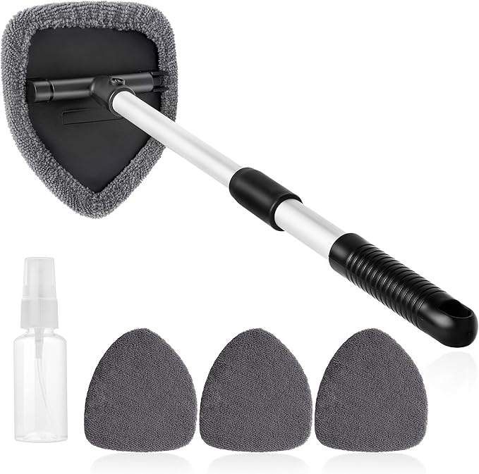 11pcs Windshield Cleaner Tool, Car Window Cleaning Wash Kit with 6 Reusable Microfiber Pads 2 Spray Bottles and Extendable Handles Auto Glass Wiper Kit, Gray