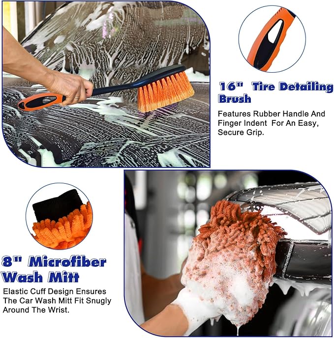 26Ft Reach Car Wash Kit with 5-20FT Telescopic Extension Pole, Car Wash Brush with Long Handle, Wheel Tire Brush, Car Wash Mop, Mitt, Squeegee for Cleaning Car, SUV, RV, Boats, Solar Panels