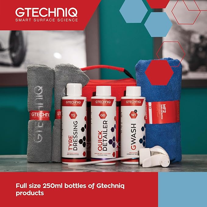 Gtechniq Basic Maintenance Car Care Kit, 6-Piece | Includes Shampoo, Tire Dressing, Detailer, Microfiber Drying Towel, Microfiber Buff Cloths and Kit Bag, Keeps Interior and Exterior Glossy and Clean