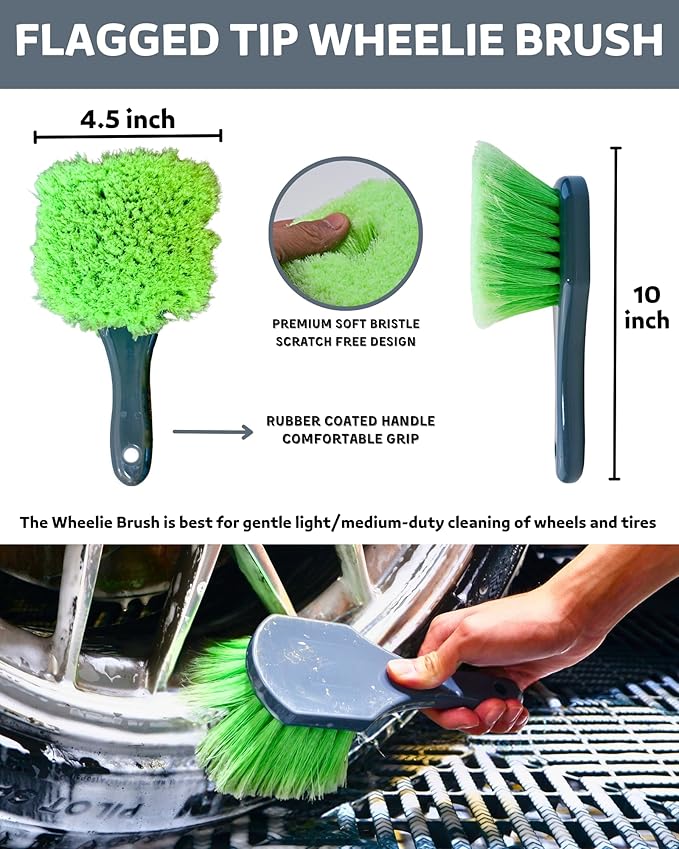 Car Wheel Cleaning Kit: Wheel and Rim Flagged Tip Brush, Bendable Barrel Brush, Wheelie Mitt, Scratch-Free Detail Brush for Rims & Tires - Durable & Multipurpose Clean Wheel Hard to Reach Areas