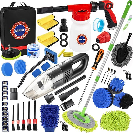 GASLIKE 63PCS Car Wash Cleaning Kit,Car Wash Brush with Long Handle,Car Detailing Kit with Foam Gun,Car Cleaning Supplies,Handheld Vacuum, Car Detailing Kit (63PCS)
