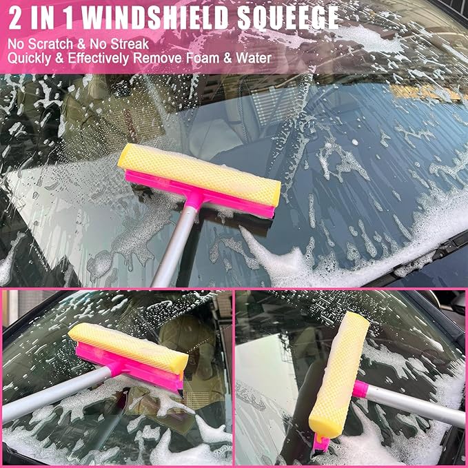 21Pcs Car Wash Kit,62" Car Wash Brush Mop with Long Handle,Car Cleaning Kit,Car Detailing Brush Set,Car Wash Bucket with Filter,Windshield Window Squeegee for Cars RV Truck Boat (Pink)