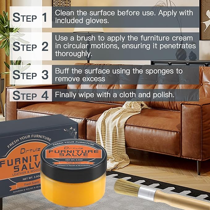 Furniture Salve with Brush for Leather Wood, Leather, Polisher, Restore, Protect for Couches Tables and Furniture, Furniture Repair Salve Kit with Leather, Vinyl and Wood Professional Care with Brush