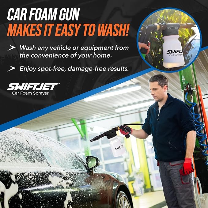 SwiftJet Car Wash Foam Gun + Microfiber Wash Mitt - Works with Any Soap - Garden Hose Car Foam Sprayer - Foam Cannon Car Wash Kit - Car Accessories Foam Blaster (Black Foam Gun with Mitt)