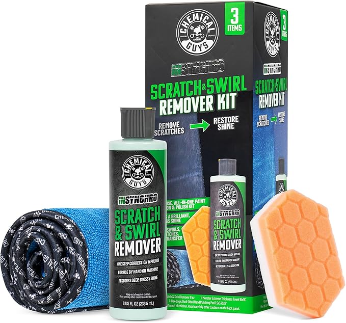 Chemical Guys Insynchro Scratch & Swirl Remover (8 oz) - Kit with Hex Logic Dual Sided Hand Polishing Pad and Monster Extreme Microfiber Towel for Paint Restoration and Gloss Enhancement