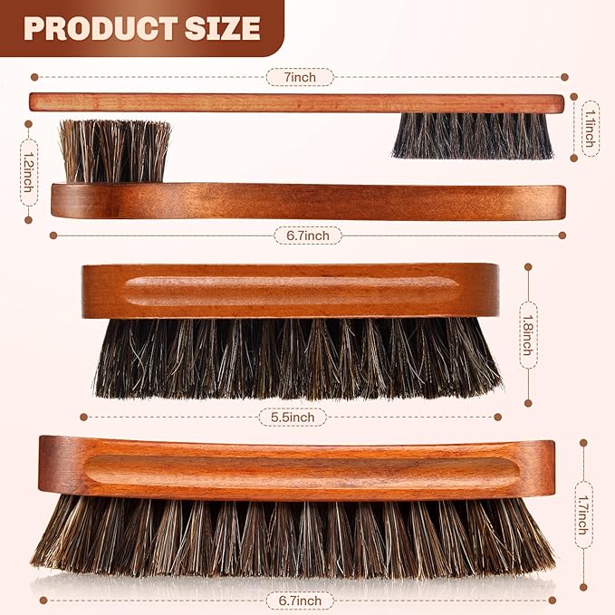 4 Pcs Horsehair Shine Shoes Brush Kit Polish Dauber Applicators Cleaning Leather Shoes Boots Care Brushes Suede Cleaner Brush with Microfiber Shoe Cloth(Brown Style A)