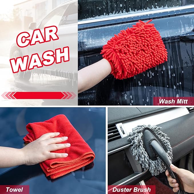 16Pcs Car Wash Cleaning Kit with Foam Gun Sprayer Detailing Brushes Windshield Cleaning Tool Rim and Tire Brush Towels Complete Interior Exterior Detailing Set for Car