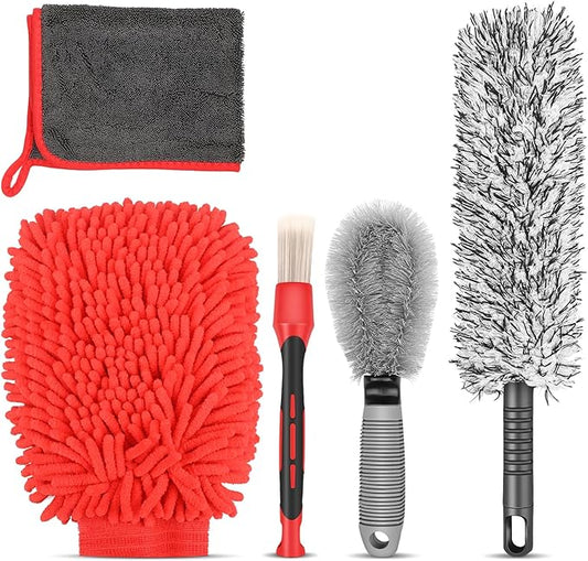 Preciva 5PCS Car Wheel & Tire Brush Kit -Car Cleaning Kit, Wheel Cleaner Brush, Soft-bristled Rim Brush, Car Drying Towel, Car Detailing Cleaning Wash Brush Supplies Kit for Interior Exterior Wheels