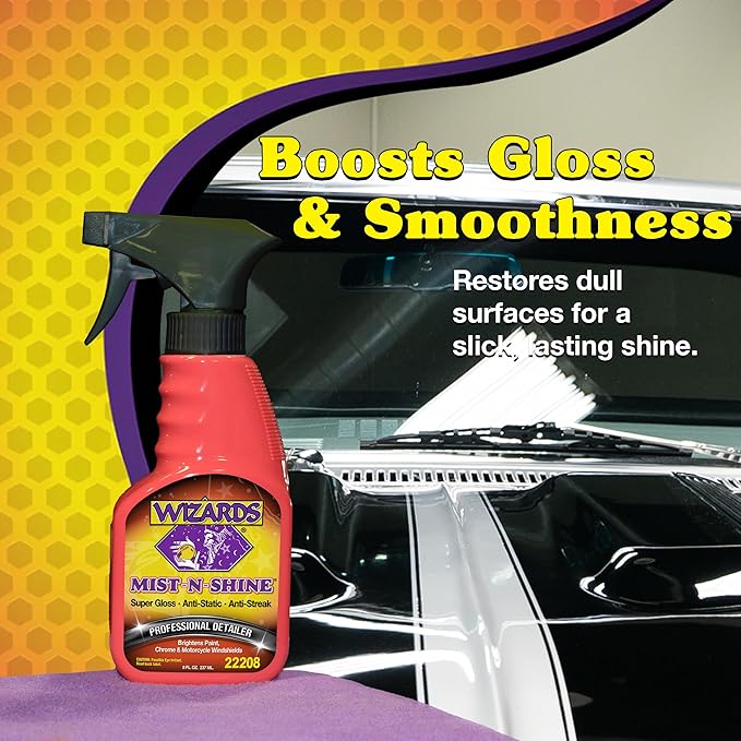 Wizards Mist-N-Shine Detail Spray - 8 Oz - Multi-Purpose High Gloss Finish Waterless Quick Detailer Spray for Glass, Chrome, Paint and Plastics - Car Exterior Cleaner for Auto Detailing Supplies
