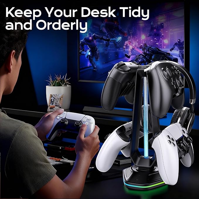 RGB Headset Stand with 9 Light Modes and 2 USB Charging Ports - Controller Holder for Desk - Headphone Stand & Detachable Controller Hook for PC Earphone Gaming Room Setup Accessories