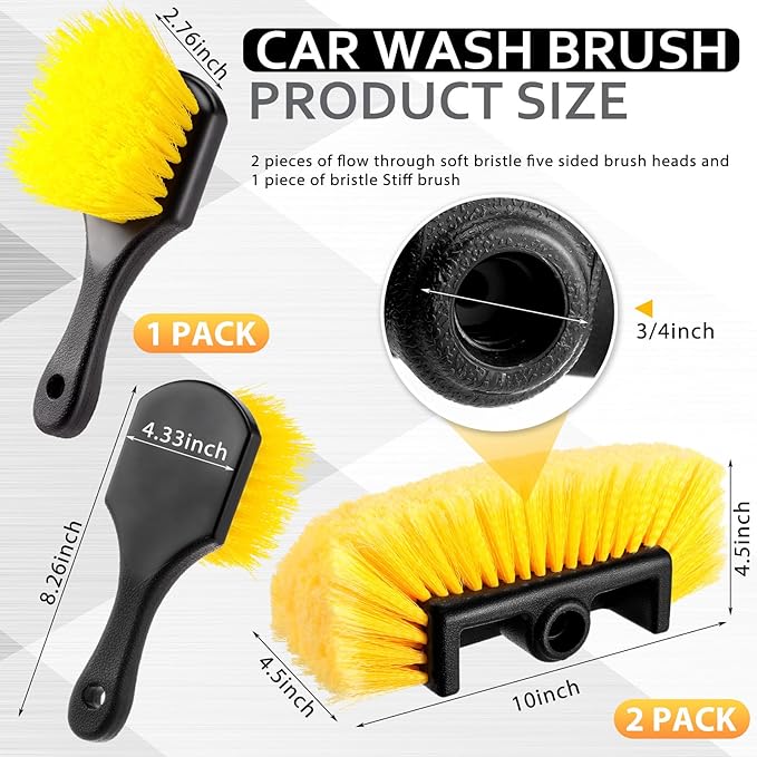 Vesici 2 Pcs 10 Inch Car Wash Brush Head with Soft Detailing Bristle Flow Through Car Cleaning Brush with 1 Pcs Stiff Bristle Wheel Brushes for Car Motorboat Rv Facades of Houses Wheel Carpet (Yellow)