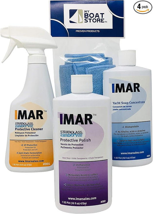 Bundle Includes 16 Ounce Bottles of Imar 301 Strataglass Cleaner, 302 Polish, 401 Yacht Soap with 1 Microfiber Detailing Cloth (4 Total Items)
