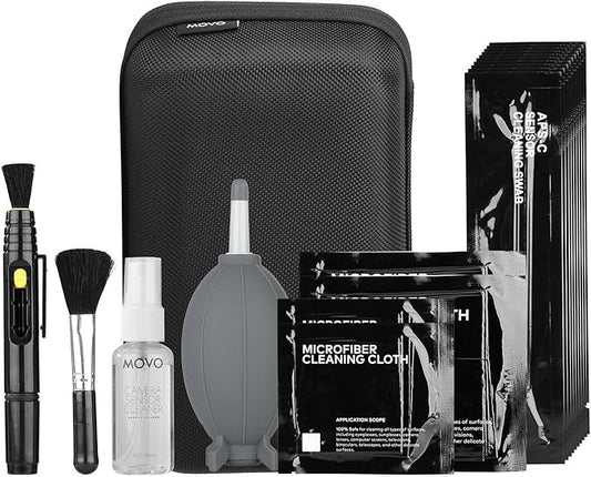 Movo Deluxe Essentials DSLR Camera Cleaning Kit with 10 APS-C Cleaning Swabs, Sensor Cleaning Fluid, Rocket Air Blower, Lens Pen, Soft Brush, 2X Small and 2X Large Microfiber Cloths and Carrying Case