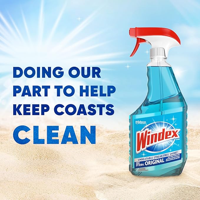 Windex Glass Cleaner Spray Refill, Original Blue Window Cleaner Works on Smudges and Fingerprints, Bottle Made from 100% Recovered Coastal Plastic, 2L (Pack of 2)