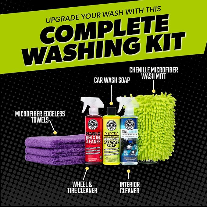 Chemical Guys Car Cleaning Kit - With Car Wash Soap, Wheel Cleaner, Total Interior, Car Wash Mitt - Interior and Exterior Wash Kit With Vehicle Cleaning and Detailing Accessories - 7 Item Kit