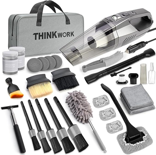 THINKWORK Car Cleaning Kit, Car Detailing Kit Interior Cleaner with High Power Handheld Vacuum, 10Pcs Detailing Brush and Storage Bag, Gray Auto Interior Cleaning Kit for Men