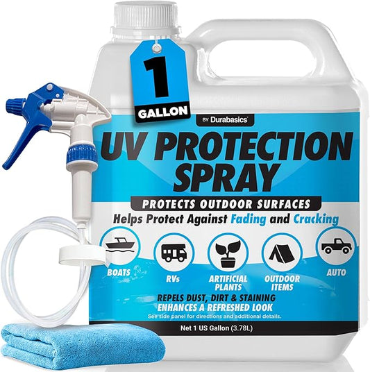 UV Protection Spray for Outdoor Surfaces – Helps Reduce Fading, Cracking, and Stains – Non-Greasy, Matte Finish – Includes Sprayer & Towel – Use on Vinyl, Plastic, Rubber, Artificial Plants