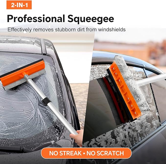 20ft Reach Car Wash Brush with Long Handle-Car Cleaning Kit with 4-12FT Extension Pole, Ultimate RV,Truck Wash Set with Soft Brush, Tire Brush, Window Squeegee, Mitt, Microfiber Cleaning Mop