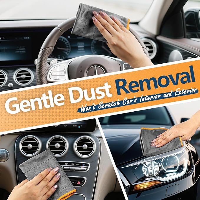 Airlab Carbon Microfiber Towels for Car Glass Window Polishing Cleaning Cloth Auto Detailing Lint Free Streak Free Drying Car Wash Large Towel, Pack of 3, 12" x 12", Grey-Orange