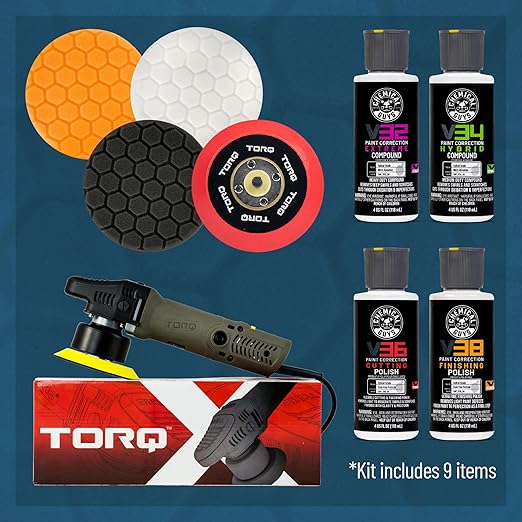 Chemical Guys TORQX Random Orbital Polisher, Pads, Polishes, and Compounds Kit - Car Polishing Kit Safe for Trucks, SUVs, Motorcycles, and More, 700W Motor, 8mm Orbit, 9-Piece Set