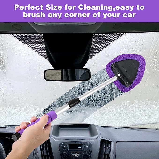 XINDELL Windshield Cleaner Tool – 24-inch Pink Car Interior&Exterior Window Cleaning Kit with Extendable Handle & 4 Microfiber Pads, Auto Wiper Brush for Car, Trucks, SUVs, RVs & Home -Gift for Women