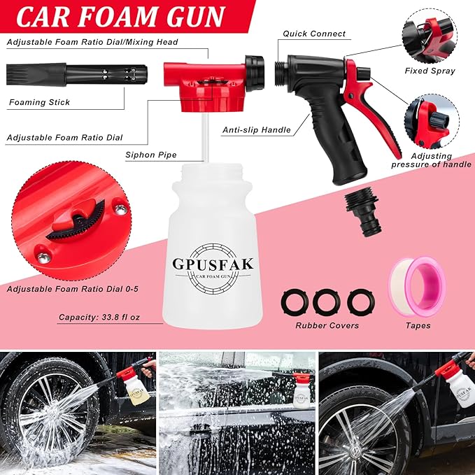 16Pcs Car Wash Cleaning Kit with Foam Gun Sprayer Detailing Brushes Windshield Cleaning Tool Rim and Tire Brush Towels Complete Interior Exterior Detailing Set for Car