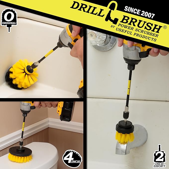 Medium Stiffness Power Scrubber Brush Set with Extension - Bathroom Scrubber Brushes - Scrub Brushes for Shower - Drill Scrub Brush Attachment - Tub Cleaner - Shower Door - Bathroom Mirror