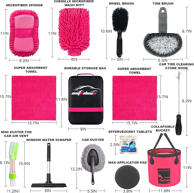 AUTODECO 22Pcs Car Wash Cleaning Tools Kit Car Detailing Set with Canvas Bag Pink Collapsible Bucket Wash Mitt Sponge Towels Tire Brush Window Scraper Duster Complete Interior Car Care Kit