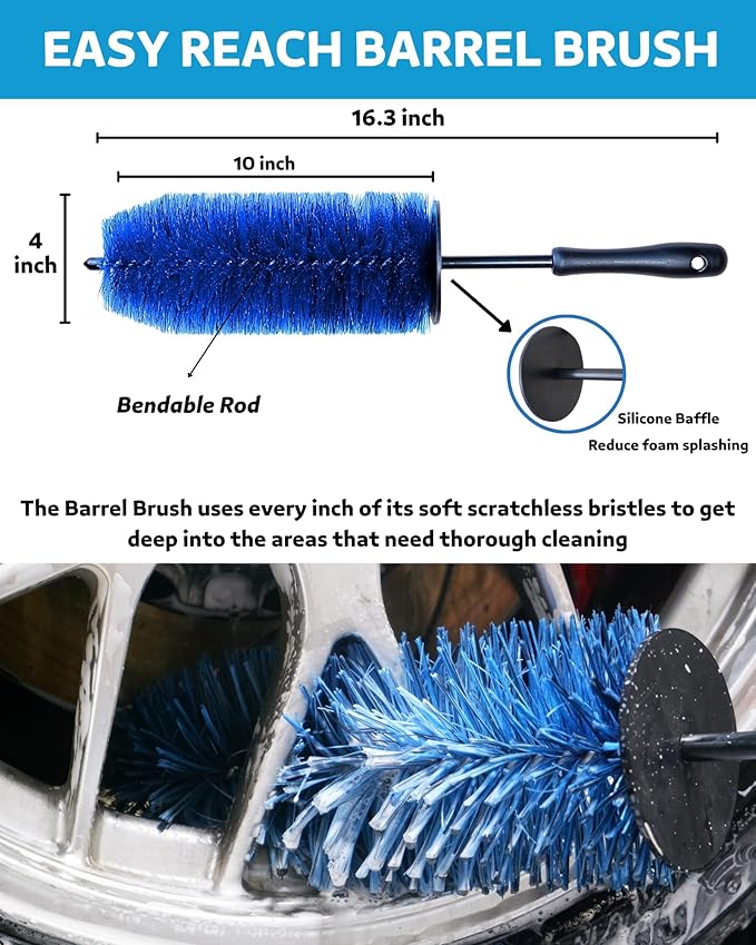 Car Wheel Cleaning Kit: Wheel and Rim Flagged Tip Brush, Bendable Barrel Brush, Wheelie Mitt, Scratch-Free Detail Brush for Rims & Tires - Durable & Multipurpose Clean Wheel Hard to Reach Areas