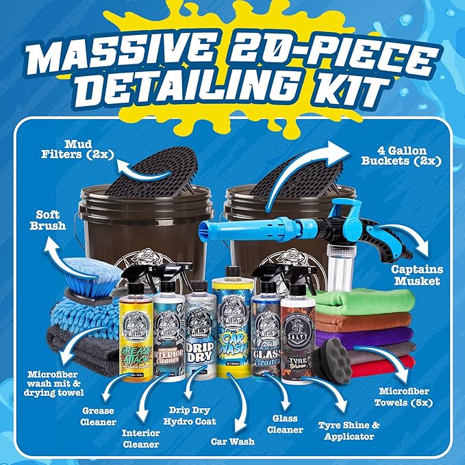 Salty Captain Mega 20-Piece DIY Car Cleaning Kit – All-in-One Car Detailing Kit with 2x Buckets, Towels, Brushes & 6x Cleaning Fluids – Foam Blaster compatible with Garden Hose – Premium Quality