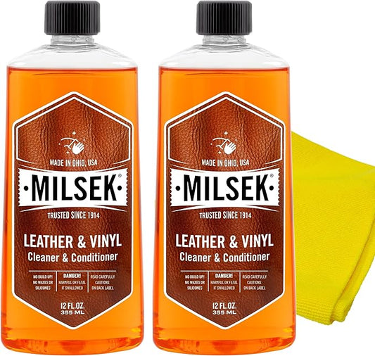 Milsek Leather & Vinyl Cleaner & Conditioner - Cleaning Supplies for Leather Home Furnitures, Couch, Automotive Interior, Shoes, Bags - 12 Fl Oz (Pack of 2) with Microfiber Towel